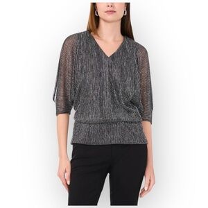 NWOT Chaus Metallic V-Neck Blouson Top Silver Small - Rhinestone Details